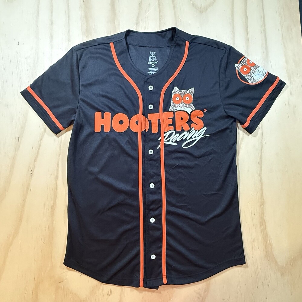 Unisex Hooter's Racing Baseball Jersey Sz M Black/Orange 100% Poly 00 Owl Logo